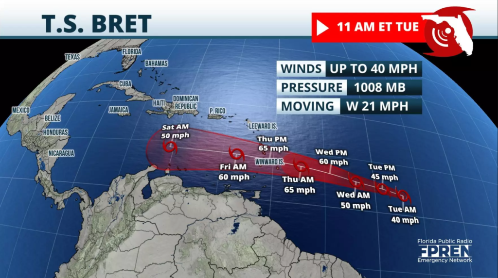 Tropical Storm Bret continues to track toward the Caribbean WKGC